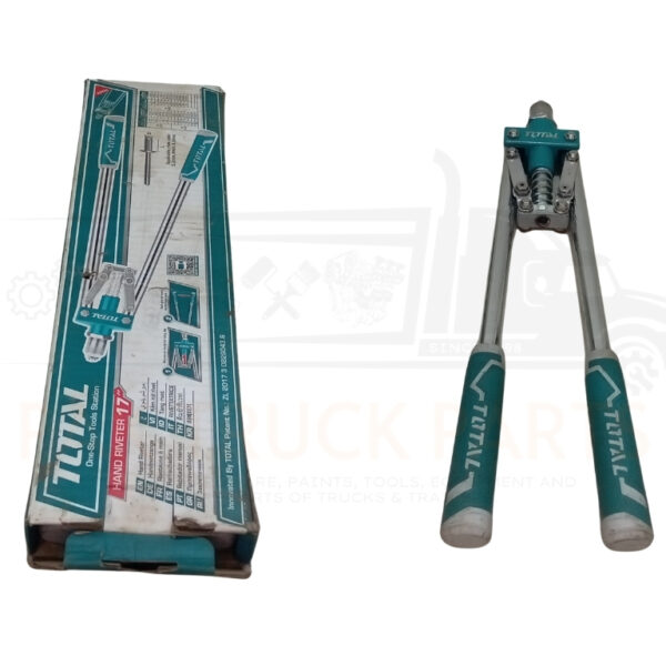 the total 17 inch heavy duty hand riveter (model tht32176) is a professional grade fastening tool designed for effortlessly joining metal and aluminum. featuring extended handles for maximum leverage, it accommodates 3.2mm, 4mm, and 4.8mm rivet sizes, making it ideal for auto repairs, construction, and heavy duty diy projects.